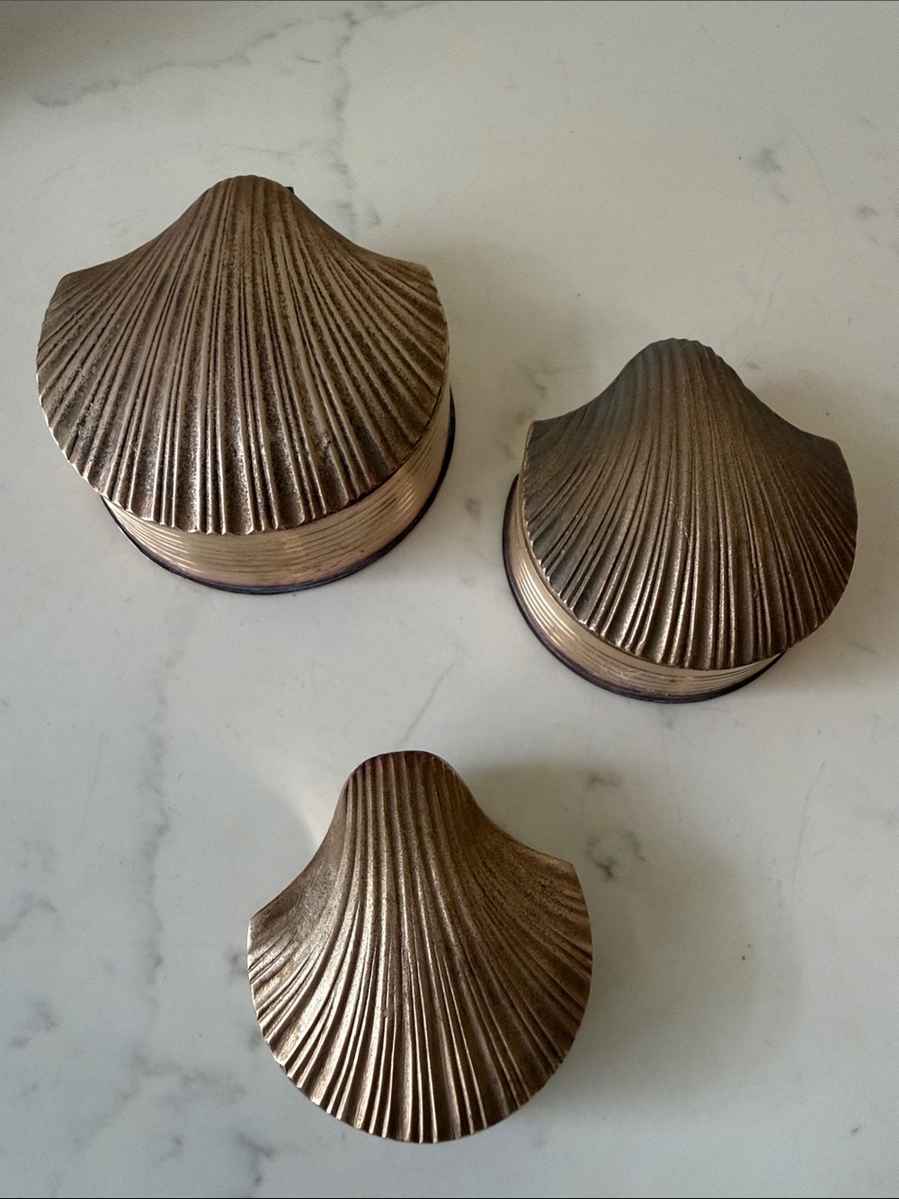 Vintage Nesting Brass Shell Trinket boxes Set of 3